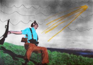 Photo de Robert Capa coloriée par un enfant. Au premier plan un homme les bras en arrière portant un fusil au milieu d'un champs.