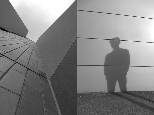 Diptyque noir & blanc, immeuble vu d'en bas d'un côté ombre silhouette homme contre un mur.