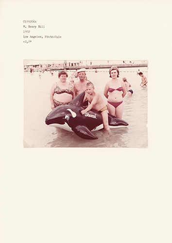 Sur une plage, un enfant sur un dauphin en plastique et trois adultes dans l'eau jusqu'au genou posent - avec ligne d'horizon derrière eux.